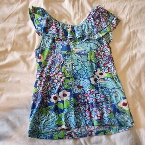 Lilly Pulitzer Floral Ruffle Top Sleeveless Blue Green Casual‎